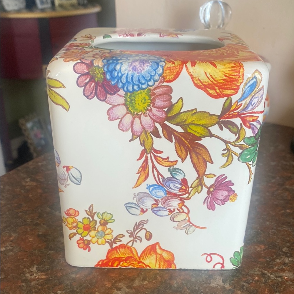 MACKENZIE-CHILDS White Flower Market Vibrant Floral Ceramic-CoatedTissue Box
